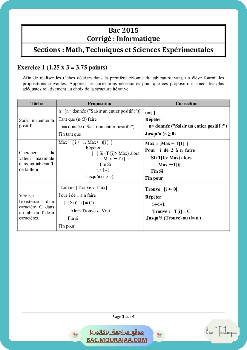 Corrigé principale info Bac 2015 – Section technique